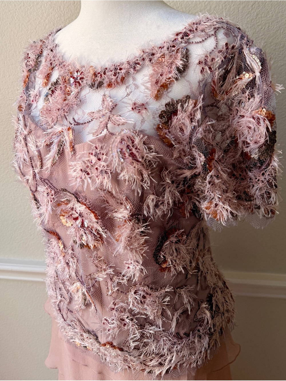 Vintage Lourdes Chavez Silk Fairycore Beaded Top & Tiered Maxi Skirt Set